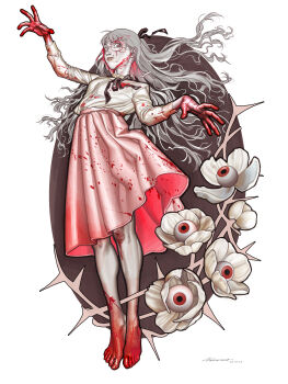 Rule 34 | 1girl, artist name, barefoot, black ribbon, blood, blood on clothes, blood on face, blood on feet, blood on hands, dated, eyeball, face piercing, facial mark, fear &amp; hunger (series), fear &amp; hunger 2: termina, flower, full body, grey hair, highres, long hair, long sleeves, looking at viewer, marina (fear &amp; hunger), mouth piercing, neck ribbon, parted lips, piercing, pink skirt, ribbon, shirt, shirt tucked in, skirt, solo, white flower, white shirt, yummy lammy