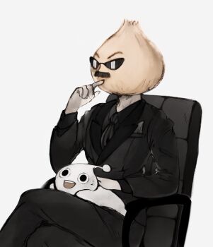 2boys antennae black_necktie black_pants black_suit blue_eyes bobobo-bo_bo-bobo chair colored_skin crossed_legs dengakuman facial_hair formal_clothes garlic gloves hand_on_another&#039;s_back hand_on_own_face j_(bobobo-bo_bo-bobo) long_sleeves male_focus mone_(user_ekhv7827) multiple_boys mustache necktie on_chair on_lap open_mouth pants simple_background sitting smile suit sunglasses upper_body white_background white_gloves white_skin