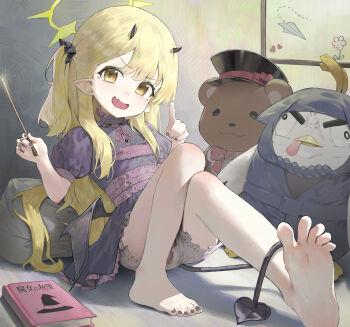1girl absurdres bare_legs barefoot black_dress black_horns black_nails black_tail black_wings blonde_hair bloomers blue_archive blush book demon_girl demon_horns demon_tail demon_wings dress fang feet frills halo hat highres holding holding_wand horns huge_filesize ibuki_(blue_archive) index_finger_raised indoors knees_together_feet_apart knees_up legs loli long_hair looking_at_viewer merong_(sou47897) nail_polish one_side_up open_mouth pointy_ears puffy_short_sleeves puffy_sleeves short_sleeves sitting skin_fang smile soles solo stuffed_animal stuffed_toy tail teddy_bear toenail_polish toenails toes underwear wand white_bloomers wings yellow_eyes yellow_halo