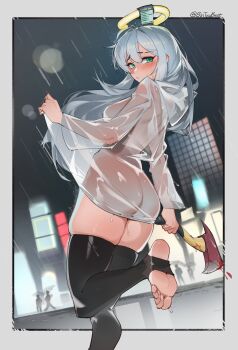 1girl absurdres ahoge ass axe black_thighhighs blood blush breasts chair closed_mouth commentary commission double-parted_bangs english_commentary feet feet_on_chair floating_hair furrowed_brow green_eyes grey_hair hair_between_eyes halo highres holding holding_axe hood hood_down long_sleeves looking_at_viewer medium_breasts naked_raincoat no_shoes original outside_border rain raincoat see-through_clothes see-through_raincoat sin_(sintrybest) soles standing standing_on_one_leg stirrup_footwear thighhighs toes twitter_username yellow_halo