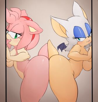 2girls amy_rose animal_ears argento ass ass-to-ass ass_press bat_(animal) bat_ears bat_tail bat_wings blue_eyes breast_press breasts furry green_eyes hairband hedgehog highres huge_ass medium_breasts multiple_girls nude rouge_the_bat short_tail sideboob sonic_(series) tail thick_thighs thighs wings