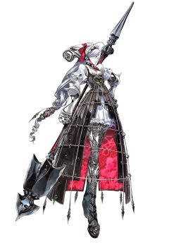 1girl ashlotte_maedel drill_hair female_focus full_body goth_fashion gothic_lolita highres iron_maiden lolita_fashion long_hair machine oogure_ito pale_skin polearm robot silver_hair solo soul_calibur soulcalibur soulcalibur_iv weapon yellow_eyes