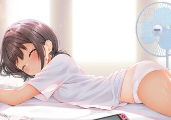 1girl ^_^ ass blush brown_hair closed_eyes closed_mouth commentary_request electric_fan head_on_pillow indoors large_variant_set loli long_hair lying minato_ojitan navel no_pants on_bed on_stomach original panties pillow shirt short_sleeves sleeping solo sweat tan underwear variant_set white_panties white_shirt