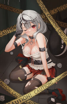 Rule 34 | 1girl, absurdres, arm strap, bare shoulders, belt, black belt, black collar, black gloves, black streaks, blush, breasts, camisole, caution tape, center-flap bangs, cleavage, closed mouth, collar, commentary request, double-parted bangs, ear piercing, earclip, eyepatch, fingerless gloves, frills, garter straps, gloves, grey hair, hair ornament, highres, hololive, large breasts, long hair, looking at viewer, one eye closed, piercing, plaid clothes, plaid skirt, red eyes, rubbing eyes, sakamata chloe, sakamata chloe (1st costume), sitting, skirt, strap slip, stuffed orca, thighhighs, torn clothes, torn thighhighs, unworn eyepatch, virtual youtuber, wariza, wavy hair, white camisole, whoing x2, x hair ornament