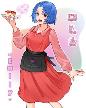 1girl absurdres apron artist_name blue_hair cake character_name dancing dessert dress emily_(stardew_valley) food highres holding holding_food long_sleeves meditation mizumi_arte open_mouth red_eyes sewing_machine short_hair simple_background smile solo stardew_valley