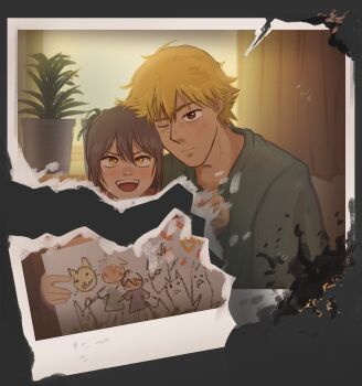 1boy 1girl :d black_hair blonde_hair brown_eyes burnt chainsaw_man child child&#039;s_drawing commentary denji_(chainsaw_man) english_commentary green_shirt heads_together highres lady2nope looking_at_viewer nayuta_(chainsaw_man) one_eye_closed open_mouth photo_(object) picture_frame plant potted_plant shirt smile torn_photo