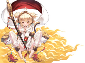 alphy andira_(granblue_fantasy) animal_ears blonde_hair cover detached_leggings detached_sleeves erune flying_nimbus granblue_fantasy hagoromo highres monkey monkey_ears monkey_girl monkey_tail one_eye_closed red_eyes shawl solo staff tail