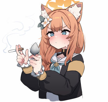 1girl animal_ear_fluff animal_ears black_jacket blue_archive blush butt_plug cat_ears cigarette commentary_request flower frilled_sleeves frills hair_between_eyes hair_flower hair_ornament halo highres holding holding_butt_plug holding_cigarette jacket long_hair long_sleeves mangmoongming mari_(blue_archive) nervous orange_hair puffy_sleeves sailor_collar sex_toy simple_background smoke smoking solo sweat trembling unworn_butt_plug upper_body white_background white_sailor_collar yellow_halo