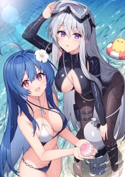 2girls :d ahoge azur_lane beach bikini black_pantyhose black_straps blue_hair breasts center_opening chestnut_mouth commentary_request enterprise_(azur_lane) enterprise_(diving_under_blue_skies)_(azur_lane) eyewear_on_head unworn_eyewear flower grey_hair hair_between_eyes hair_flower hair_ornament hand_up helena_(azur_lane) helena_(shimmering_triangle_wave)_(azur_lane) highres holding holding_removed_eyewear large_breasts long_hair long_sleeves looking_at_viewer manjuu_(azur_lane) multiple_girls official_alternate_costume open_mouth outdoors pantyhose parted_lips pink_eyes purple_eyes sidelocks smile sunlight swimsuit t@ke-g thigh_strap water wet wet_clothes wet_hair wet_pantyhose white_flower