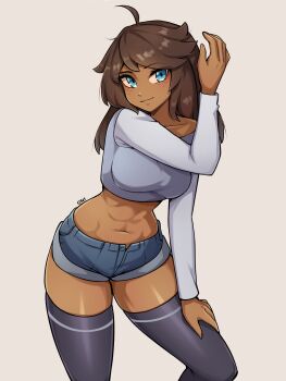 1girl ahoge black_thighhighs blue_eyes blue_shorts breasts brown_hair closed_mouth commentary commission cowboy_shot cropped_shirt dark-skinned_female dark_skin double-parted_bangs english_commentary freckles grey_background grey_shirt hand_on_own_thigh highres long_hair long_sleeves looking_at_viewer medium_breasts micro_shorts midriff oninuer original shirt short_shorts shorts simple_background smile solo thighhighs thighs toned toned_female