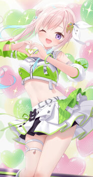 1girl ;d airani_iofifteen arm_strap asymmetrical_bangs asymmetrical_clothes asymmetrical_sleeves belt belt_buckle blue_hair bow breasts buckle buttons center_frills chest_harness collared_shirt commentary_request cowboy_shot detached_sleeves fingernails frills gradient_hair green_shirt green_skirt hair_bow hair_bun hair_ornament hair_ribbon harness heart heart_hands highres hololive hololive_idol_uniform_(color_rise) hololive_indonesia idol_clothes light_blush long_hair looking_at_viewer midriff miniskirt mismatched_sleeves moe_moe_kyun! multicolored_hair multicolored_shirt multicolored_skirt navel official_alternate_costume one_eye_closed open_mouth overskirt palette_hair_ornament pink_hair pleated_skirt purple_eyes quilted_clothes ribbon shirt side_ponytail single_bare_shoulder single_detached_sleeve single_side_bun skirt smile solo stage thigh_strap thighs three-quarter_sleeves two-tone_hair virtual_youtuber white_belt white_shirt white_skirt wristband yano_mitsuki_(nanairo)
