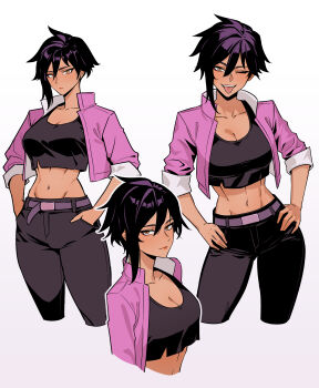 Rule 34 | 1girl, absurdres, belt, black hair, black pants, black shirt, breasts, brown eyes, cleavage, collarbone, commentary, contrapposto, crop top, cropped jacket, cropped legs, cropped torso, dark-skinned female, dark skin, dispatch, earrings, english commentary, hair between eyes, hands in pockets, hands on own hips, high collar, highres, invisigal, jacket, jewelry, looking at viewer, medium breasts, midriff, multiple views, navel, nokaa aru, one eye closed, pants, pink jacket, purple belt, shirt, short hair, simple background, sleeves rolled up, smile, stomach, stud earrings, toned, toned female, tongue, tongue out, white background
