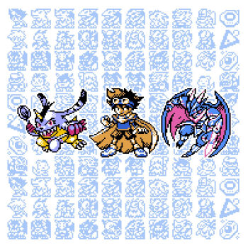 cape digimon digimon_(creature) digimon_adventure_v-tamer_01 gabumon goggles goggles_on_head highres horns red_eyes ulforcev-dramon wings yagami_taichi_(digimon_adventure_v-tamer_01)