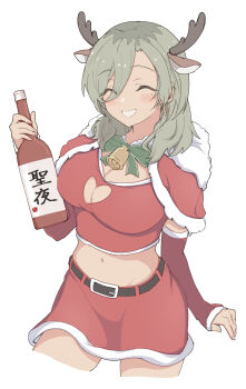 1girl belt black_belt blush bottle brown_hair capelet closed_eyes closed_mouth fake_antlers girls_band_cry hanekuri_(nnainain) highres holding holding_bottle medium_hair midriff mole mole_under_eye multicolored_hair navel red_arm_warmers red_capelet red_shirt red_skirt roots_(hair) rupa_(girls_band_cry) shirt skirt smile translation_request zoom_layer