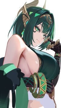 1girl absurdres armpits bare_shoulders breasts commentary_request eyeshadow facial_mark from_below from_side genshin_impact green_eyes green_hair hair_intakes headpiece highres large_breasts looking_at_viewer looking_down looking_to_the_side makeup medium_hair nefer_(genshin_impact) otabaaa red_eyeshadow sideboob simple_background smile solo upper_body white_background