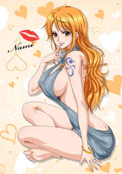 1girl alternate_costume artist_name ass backless_sweater bangle bare_legs bare_shoulders barefoot bracelet breasts brown_eyes butt_crack character_name commentary_request covered_erect_nipples earrings feet finger_to_mouth from_side full_body grey_sweater heart heart_background highres indian_style jewelry large_breasts legs lips lipstick_mark long_hair looking_at_viewer naked_sweater nami_(one_piece) one_piece orange_hair parted_lips ribbed_sweater rider_(orange_couture) shoulder_tattoo sideboob sidelocks sitting sleeveless sleeveless_sweater sleeveless_turtleneck soles solo sweater tattoo thighs toes turtleneck turtleneck_sweater twitter_username virgin_killer_sweater wavy_hair