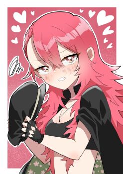 Rule 34 | 1girl, banchou, black gloves, black hat, black tank top, blush, border, breasts, chacha kamimaru, delinquent, fingerless gloves, floral print, gloves, hat, heart, highres, jacket, jacket on shoulders, jewelry, kimi no koto ga dai dai dai dai daisuki na 100-nin no kanojo, looking at viewer, medium breasts, necklace, red background, red hair, tank top, tomogara saki, upper body, white border