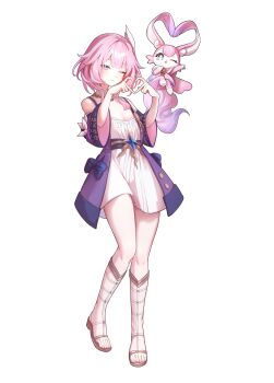 1girl absurdres bare_shoulders blue_eyes closed_mouth coat commentary cyrene_(aedes_elysiae)_(honkai:_star_rail) cyrene_(honkai:_star_rail) dress dual_persona four-finger_heart_hands full_body gladiator_sandals hair_ornament hands_up hashtag-only_commentary heart heart_hands highres honkai:_star_rail honkai_(series) jewelry looking_at_viewer medium_hair mem_(honkai:_star_rail) necklace neneneneko one_eye_closed pink_hair pink_pupils purple_coat sandals simple_background smile tachi-e white_background white_dress