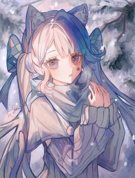 1girl animal_ear_fluff animal_ears aqua_nails bow breath cat_ears cat_girl cat_tail cold commentary genshin_impact hair_bow hands_up highres jacket long_hair long_sleeves looking_at_viewer lynette_(genshin_impact) nail_polish open_mouth outdoors own_hands_together purple_eyes scarf single_hair_intake sleeves_past_wrists snow snow_on_tree solo standing star_on_cheek symbol-only_commentary tail tree upper_body white_hair white_jacket white_scarf yena_s