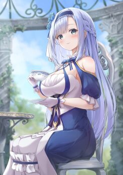1girl :3 akizuki_rito asymmetrical_bangs blue_bow blue_bowtie blue_dress blue_flower blue_gem blue_hair blue_hairband blue_rose blue_sky blurry blurry_background bow bowtie braid breasts chair cleavage cleavage_cutout clothing_cutout cloud commentary_request criss-cross_halter cup dress flower gem gloves green_eyes haconect hair_flower hair_ornament hairband half_up_braid halterneck highres hobble_dress holding holding_cup holding_saucer large_breasts lens_flare long_dress long_hair outdoors puffy_short_sleeves puffy_sleeves rose saucer short_sleeves shoulder_cutout sidelocks sitting sky solo sophie_rose table teacup two-tone_dress underbust virtual_youtuber white_dress white_gloves