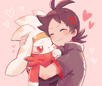 1boy animal_ears antenna_hair black_hair blush closed_eyes gen_8_pokemon goh_(pokemon) grey_shirt heart highres hug nintendo one_eye_closed pink_background pokemon pokemon_(anime) pokemon_journeys rabbit_ears raboot shirt short_hair short_sleeves smile spiked_hair upper_body yataba