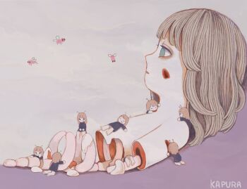 6+girls antennae aqua_eyes bone brown_hair bug highres kapura long_hair long_sleeves lying mini_person minigirl multiple_girls on_back original ribs signature spine