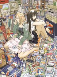 2girls absurdly_detailed_composition asagiri_komaki ashtray back-to-back black_hair black_skirt black_tube_top blonde_hair book bookshelf cd_case cigarette computer computer_mouse controller figure full_body genshiken green_jacket high_heels highres hugging_own_legs indoors jacket kasukabe_saki kio_shimoku kujibiki_unbalance loaded_interior long_hair looking_at_viewer manga_(object) mario_(series) messy_room mole mole_under_mouth multiple_girls nintendo oono_kanako otaku_room pink_skirt poster_(object) shelf sitting skirt sleeveless sleeveless_sweater sleeveless_turtleneck smile smoking stereo strapless super_mario_bros._1 sweater sword television toy tube_top turtleneck umbrella wariza weapon white_sweater