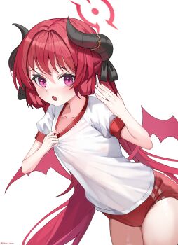 1girl :o absurdres black_ribbon blue_archive blush breasts buruma demon_girl demon_horns demon_wings dobostorte halo highres horn_ornament horn_ribbon horns hot junko_(blue_archive) leaning_forward long_hair looking_at_viewer purple_eyes red_hair red_halo ribbon shirt slit_pupils small_breasts solo sportswear thighs twintails very_long_hair waving_arm white_shirt wings