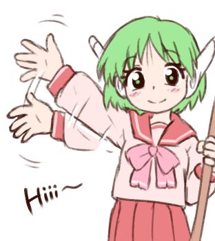 1girl afterimage beachepisode blush bow bowtie broom english_text green_eyes green_hair holding holding_broom looking_at_viewer multi_(to_heart) pleated_skirt robot_ears school_uniform serafuku short_hair skirt smile solo to_heart to_heart_(series) waving