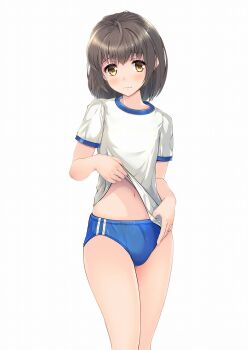 1boy blue_trim blush brown_hair bulge buruma closed_mouth clothes_lift commentary_request cowboy_shot embarrassed gym_uniform hand_on_own_hip highres legs_together lifting_own_clothes male_focus medium_hair midriff_peek navel official_art original promotional_art shino_(lunar_crescent) shirt shirt_lift short_sleeves simple_background solo standing trap white_background white_shirt yellow_eyes