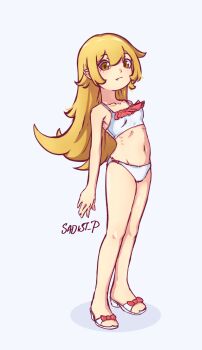 1girl absurdres adapted_costume arms_at_sides bakemonogatari bikini blonde_hair bow bow_bikini breasts brown_eyes closed_mouth collarbone expressionless fang fang_out flipped_hair footwear_bow frilled_bikini frills full_body grey_background groin hair_between_eyes hair_flaps highres looking_at_viewer monogatari_(series) navel oshino_shinobu red_bow ribs sadist_potatoe sandals shadow sidelocks simple_background small_breasts solo standing swimsuit twitter_username white_bikini white_sandals