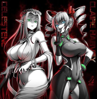 2girls armlet blue_eyes bodysuit bracelet breasts celestine_lucullus character_name claire_harvey cleavage commission covered_navel covering_nipples covering_privates crossover dress drill_hair earrings ebiblue elf fingernails gesugao gloves green_eyes groin hair_ribbon hand_on_own_hip highres huge_breasts hundred_(light_novel) jewelry kuroinu_~kedakaki_seijo_wa_hakudaku_ni_somaru~ limited_palette long_hair looking_at_viewer multiple_bracelets multiple_earrings multiple_girls no_bra no_panties o-ring ojou-sama_pose open_mouth pointy_ears red_ribbon revealing_clothes ribbon sharp_fingernails sideboob sidelocks skin_tight smile smug spot_color stomach thighs twin_drills twintails very_long_hair wide_hips
