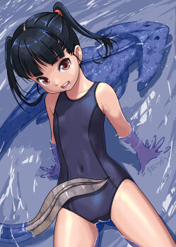 1girl black_hair blue_one-piece_swimsuit commentary_request covered_navel cowboy_shot diplocaulus flat_chest highres long_hair new_school_swimsuit one-piece_swimsuit open_mouth original partially_submerged red_eyes rohitsuka round_teeth school_swimsuit solo swimsuit teeth twintails upper_teeth_only water
