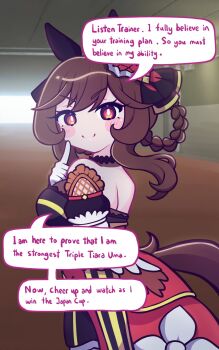 1girl animal_ears aya_chan1221 bare_shoulders blue_eyes blush braid braided_hair_rings breasts brown_hair closed_mouth commentary corset detached_sleeves ear_covers ear_ornament english_commentary english_text gentildonna_(regina_dei_fiori)_(umamusume) gentildonna_(umamusume) gloves hair_between_eyes hair_ornament hair_rings heart-shaped_ornament heart_ear_ornament highres horse_ears horse_girl horse_tail large_breasts long_hair looking_at_viewer looking_back red_corset red_eyes smile solo speech_bubble tail umamusume white_gloves