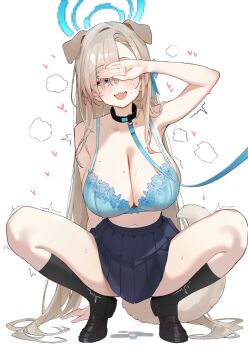 1girl animal_ears asuna_(blue_archive) black_collar black_shoes black_socks blue_archive blue_bra blue_eyes blue_ribbon blush bra breasts cleavage collar commentary covering_own_eyes dog_ears dog_girl dog_tail fang hair_over_one_eye hair_ribbon halo harenchi heart highres huge_breasts kemonomimi_mode leash long_hair looking_at_viewer open_mouth pleated_skirt pussy_juice ribbon shoes simple_background skin_fang skirt socks solo spread_legs squatting sweat symbol-only_commentary tail underwear very_long_hair white_background