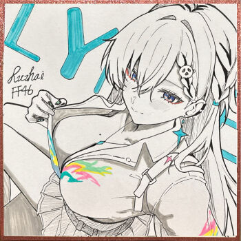 1girl black_nails blue_eyes blush breasts character_name chinese_commentary closed_mouth commentary_request earrings fingernails hair_between_eyes hair_ornament highres jewelry long_fingernails long_hair looking_at_viewer looking_to_the_side lynae_(wuthering_waves) medium_breasts mole mole_on_breast nail_polish necklace ru_zhai shirt signature sitting skirt skull_hair_ornament smile solo star_(symbol) star_earrings traditional_media turning_head wuthering_waves