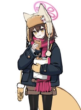 Rule 34 | 1girl, :t, alternate costume, animal ear headwear, animal ears, bag, black coat, black pantyhose, blue archive, blush, brown hair, brown shorts, closed mouth, coat, commentary, cowboy shot, eating, eyeshadow, fake animal ears, food, food on face, fox ears, fox girl, fox tail, fringe trim, hair between eyes, halo, hand up, hat, highres, holding, holding bag, holding food, izuna (blue archive), long sleeves, looking at viewer, makeup, medium hair, mittens, pantyhose, pink halo, pink scarf, prock, red eyeshadow, scarf, shorts, simple background, single mitten, sketch, smile, solo, steam, tail, taiyaki, ushanka, wagashi, white background, winter clothes, yellow eyes