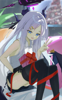 1girl :d absurdres ahoge alternate_eye_color backlighting black_gloves black_halo black_horns black_skirt black_thighhighs blue_archive blue_eyes blurry blurry_background blush bow center_frills christmas christmas_present christmas_tree collared_shirt commentary couch demon_girl demon_horns demon_wings feet_out_of_frame forehead frilled_shirt frills gift gloves hair_ornament hairclip halo hand_up happy highres hina_(blue_archive) horns indoors knees_up long_hair long_ribbon looking_at_viewer low_wings miniskirt nail_polish on_couch open_mouth parallel_hairclips parted_bangs pink_nails red_bow red_ribbon ribbon sercet shirt side_slit sidelocks single_glove sitting skirt sleeveless sleeveless_shirt slit_pupils smile solo straight_hair thighhighs thighs tsurime v very_long_hair white_hair white_shirt wings