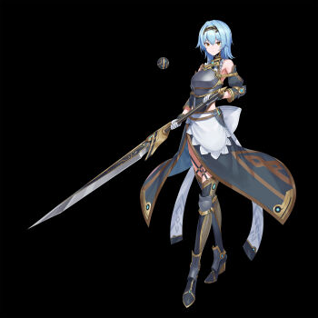 1boy absurdres armor bare_shoulders black_background black_boots black_skirt black_sleeves blue_hair boots borrowed_character breastplate commentary_request commission detached_sleeves fantasy full_body greatsword hairband highres holding holding_sword holding_weapon medium_hair mytea_(soso) original pauldrons poleyn short_sleeves shoulder_armor simple_background skeb_commission skirt solo sword sword_world sword_world_2.0 two-handed weapon yellow_eyes