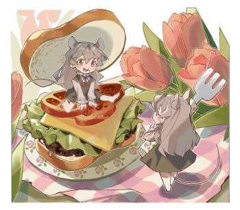 2girls :d an9vj animal_ears bad_id bad_twitter_id border cheese chibi chibi_only dress flower food food_on_face fork full_body grey_dress grey_hair grey_shirt highres holding holding_fork in_food long_hair looking_at_another mini_person minigirl mouse_ears mouse_girl mouse_tail multiple_girls neck_ribbon open_mouth original red_eyes red_flower red_ribbon red_tulip ribbon salad sandwich shirt sitting smile standing tail tomato tomato_slice tulip white_border