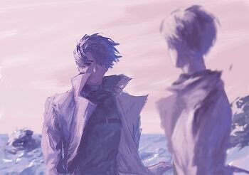 2boys black_coat black_eyes black_hair black_shirt blurry blurry_foreground bush coat crew_neck depth_of_field floating_hair hashtag-only_commentary highres kim_dokja looking_at_another male_focus multiple_boys no_mouth omniscient_reader&#039;s_viewpoint open_clothes open_coat outdoors painterly pink_theme popped_collar shirt short_hair standing upper_body v_kyyi wind yoo_joonghyuk