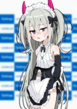 1girl absurdres apron artist_self-insert clothes_lift commentary demon_tail dress elbow_gloves frilled_apron frilled_dress frills gloves grey_hair hair_between_eyes highres horns indie_virtual_youtuber jewelry layered_dress lifting_own_clothes looking_at_viewer maid_apron maid_headdress nagisa-chan_(nakatokung) nakatokung necklace nervous_sweating open_mouth purple_eyes simple_background skirt skirt_lift solo sweat symbol-only_commentary tail thighs twintails virtual_youtuber