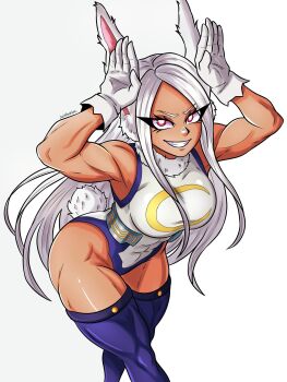 Rule 34 | 1girl, animal ears, armpits, bare shoulders, boku no hero academia, breasts, bright pupils, clothing cutout, commentary, covered abs, covered navel, crescent print, dark-skinned female, dark skin, english commentary, fur collar, gloves, grin, hands up, highleg, highleg leotard, highres, justrookiee, large breasts, leotard, long eyelashes, long hair, looking at viewer, mirko, muscular, muscular female, parted bangs, purple thighhighs, rabbit ears, rabbit girl, rabbit pose, rabbit tail, red eyes, simple background, smile, solo, tail, tail through clothes, taut leotard, thick thighs, thighhighs, thighs, twitter username, very long hair, white background, white gloves, white hair, white leotard, white pupils, wrist cuffs