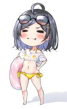 1girl ahoge barefoot bikini blush breasts chibi chibi_on_head closed_eyes closed_mouth collarbone commentary_request eyewear_on_head full_body gluteal_fold groin hair_ornament hairclip halterneck hand_on_own_hip highres hikigaya_komachi holding holding_swim_ring innertube lowleg lowleg_bikini medium_hair meri-san navel on_head shirt side-tie_bikini_bottom simple_background small_breasts smug solo standing string_bikini sunglasses swim_ring swimsuit thighs tied_shirt wet wet_clothes wet_shirt white_background white_shirt x_hair_ornament yahari_ore_no_seishun_lovecome_wa_machigatteiru. yellow_bikini