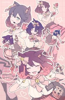 1girl :3 absurdres animal_ears bell bow bowtie breasts brown_hair buttons cat_ears cat_girl cat_tail dress fangs fumino_tamaki fumino_tamaki_(7th_costume) gloves green_eyes grid_background hair_bow headset highres jingle_bell large_breasts mantisbobo multiple_views neck_bell nijisanji official_alternate_costume outline paw_pose pink_background pink_bow pink_bowtie pink_gloves pocket puffy_short_sleeves puffy_sleeves short_hair short_sleeves smile tail virtual_youtuber white_outline wrist_cuffs