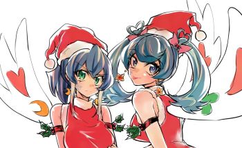 2girls alternate_costume bare_shoulders blue_angel_(yu-gi-oh!) blue_hair bow crescent crescent_earrings dress earrings green_eyes hair_between_eyes hair_bow hat jewelry kaya_rio looking_at_viewer multiple_girls pink_bow ponytail purple_hair red_dress red_hat santa_hat serena_(yu-gi-oh!) sleeveless sleeveless_dress star_(symbol) star_earrings tongue tongue_out twintails upper_body white_background yu-gi-oh! yu-gi-oh!_arc-v yu-gi-oh!_vrains zaizen_aoi