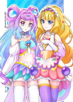 adapted_costume blonde_hair blue_eyes blue_hair blue_nails blush breasts collarbone cure_finale cure_la_mer delicious_party_precure dress eyelash_ornament gloves gradient_hair hair_ornament highres laura_la_mer long_hair looking_at_viewer magical_girl manekineko5319 midriff multicolored_eyes multicolored_hair navel open_mouth pearl_hair_ornament pink_eyes pink_hair precure purple_thighhighs small_breasts smile sphere_hair_ornament thighhighs tropical-rouge!_precure veil very_long_hair white_gloves white_sleeves white_thighhighs