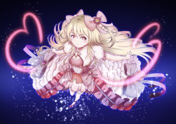 1girl blonde_hair bloomers chaos_marie_(grimms_notes) cleavage_cutout closed_mouth clothing_cutout frills full_body grimms_notes holding holding_wand long_hair looking_at_viewer meganededekitei noble_heart_(grimms_notes) pink_eyes smile solo wand white_bloomers