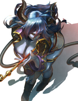 1girl absurdres asmodeus_(shinrabanshou) black_jacket black_sclera blue_hair blue_skin breasts cleavage colored_sclera colored_skin demon_girl demon_tail highres horns jacket kiseru large_breasts leaning_forward long_hair pointy_ears shinrabanshou short_shorts shorts smoking_pipe solo tail teppu_tora yellow_eyes