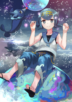 1girl baggy_pants blue_eyes blue_hair blue_pants blue_sailor_collar bright_pupils capri_pants cloud cloudy_sky commentary_request flip-flops geisha-geisha- gen_7_pokemon hairband lana_(pokemon) looking_at_viewer nintendo one-piece_swimsuit pants pokemon pokemon_(creature) pokemon_sm popplio revision sailor_collar sandals shirt short_hair sitting sky sleeveless sleeveless_shirt smile swimsuit swimsuit_under_clothes toes